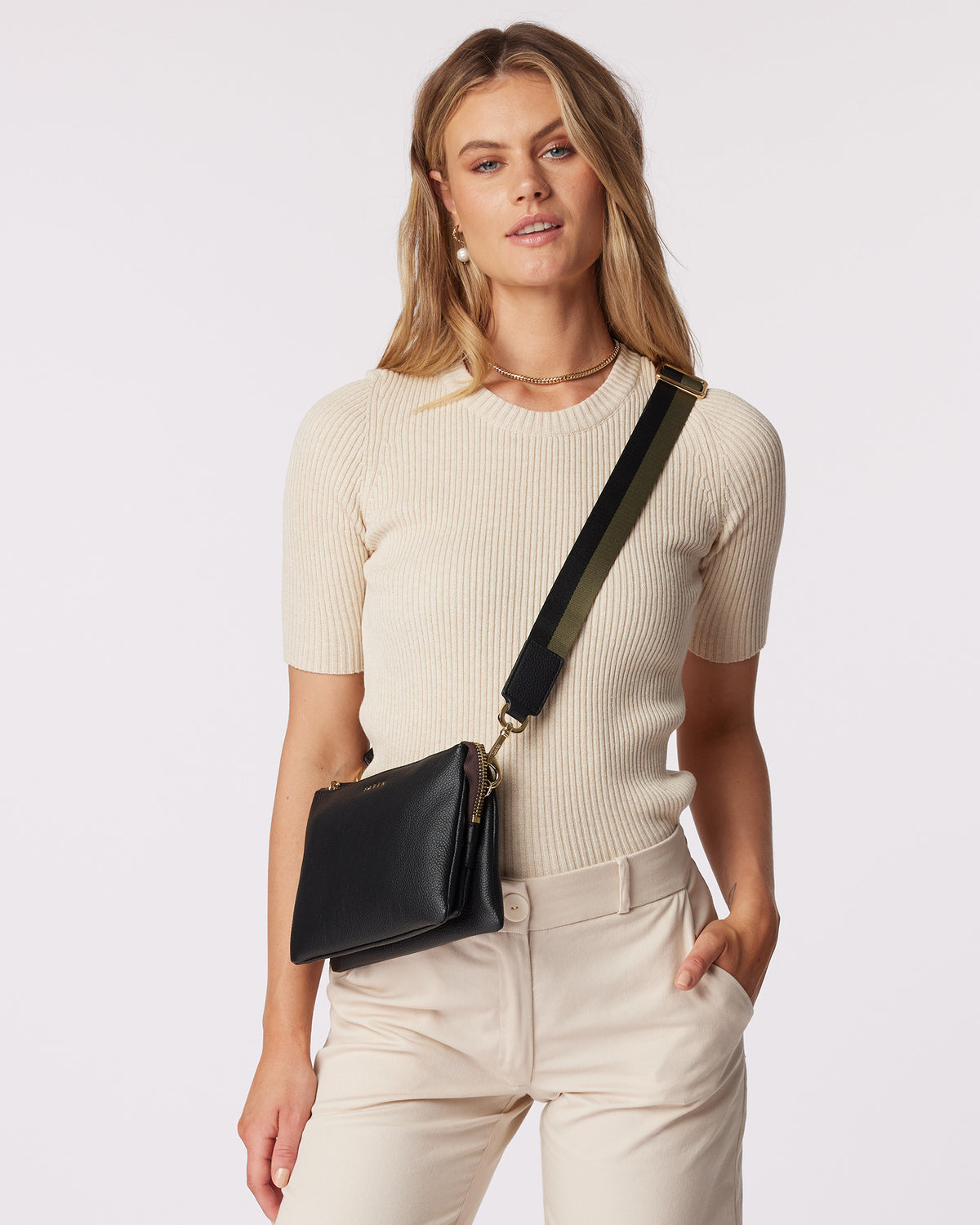 Feature Strap Webbing Khaki + Black Stripe